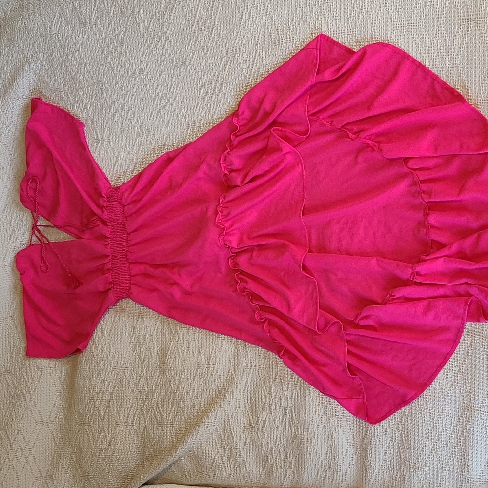 Women's Small Flying Tomato Cinch Waist Hot Pink Short Sleeve High Low Dress